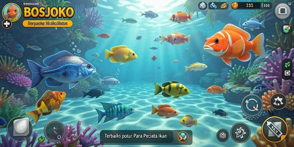 Screenshot gameplay BOSJOKO yang menarik memancing di danau.