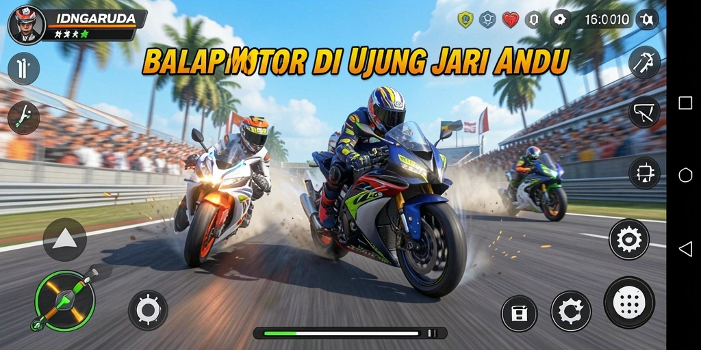 Screenshot gameplay IDNGARUDA menampilkan aksi balap motor yang mendebarkan.