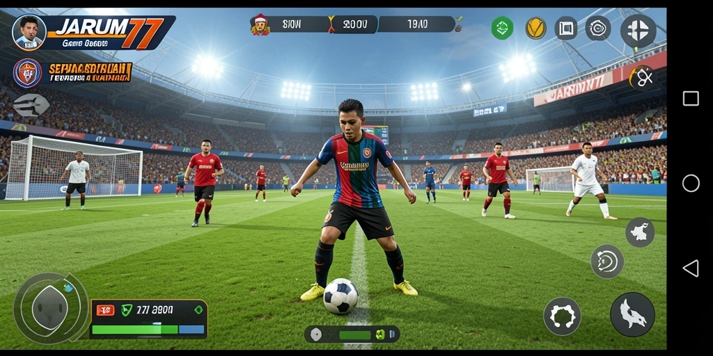 Screenshot utama JARUM77 menampilkan aksi seru di lapangan sepak bola.